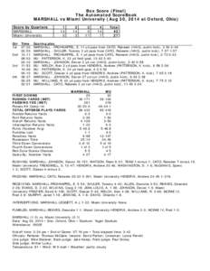 Box Score (Final) The Automated ScoreBook MARSHALL vs Miami University (Aug 30, 2014 at Oxford, Ohio) Score by Quarters MARSHALL Miami University