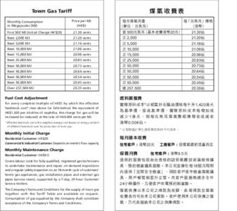 煤氣收費表  Town Gas Tariff Monthly Consumption in Megajoules (MJ)