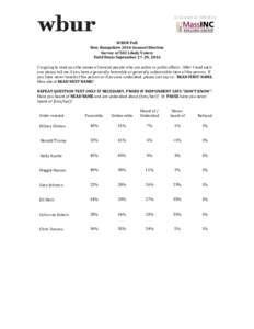 Conducted for WBUR by  WBUR Poll New Hampshire 2016 General Election Survey of 502 Likely Voters Field Dates September 27-29, 2016