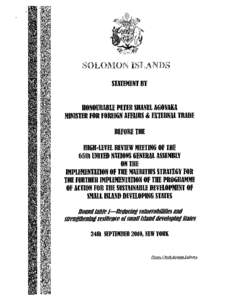 SOLOMON ISLANDS STATEMENT BY HONOIlRABlE PETER SHANE! AGOVAKA MINISTER FOR FOREIGN AFFAIRS &EXTERNAl TRADE BEFORE THE HIGH