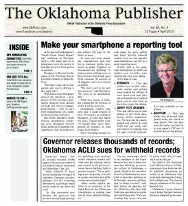 The Oklahoma Publisher Official Publication of the Oklahoma Press Association www.OkPress.com www.Facebook.com/okpress