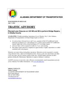 a ne Cls ALABAMA DEPARTMENT OF TRANSPORTATION FOR IMMEDIATE RELEASE July 7, 2016