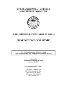 JBC Staff Supplemental Recommendations: FY[removed]                                                              Staff Working Document – Does Not Represent Committee Decision