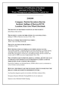 Summary of Notification of Incident - pursuant to Section 14 of the Waste Management and Pollution Control Act -----------------------------------------------------------------------------  [removed]