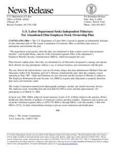 News Release U.S. Department of Labor Office of Public Affairs Chicago, Ill. Release Number: [removed]CHI