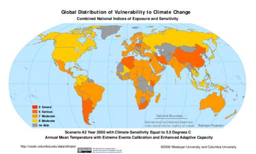 Global Distribution of Vulnerability to Climate Change Combined National Indices of Exposure and Sensitivity 9 Severe 8 Serious