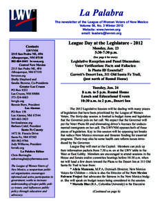 La Palabra The newsletter of the League of Women Voters of New Mexico Volume 59, No. 3 Winter 2012 Website: www.lwvnm.org email: [removed]