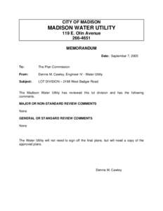 CITY OF MADISON  MADISON WATER UTILITY 119 E. Olin Avenue[removed]MEMORANDUM