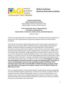 Written Testimony American Geosciences Institute Testimony Submitted by American Geosciences Institute Maeve Boland, Director of Geoscience Policy