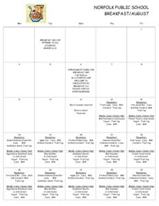 NORFOLK PUBLIC SCHOOL BREAKFAST/AUGUST Mon Tue