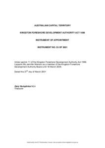AUSTRALIAN CAPITAL TERRITORY  KINGSTON FORESHORE DEVELOPMENT AUTHORITY ACT 1999 INSTRUMENT OF APPOINTMENT