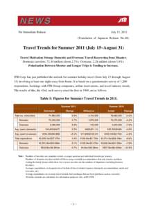 For Immediate Release  July 15, 2011 (Translation of Japanese Release No.48)  Travel Trends for SummerJuly 15~August 31)