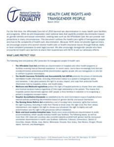 National Center for Transgender Equality / Health Insurance Portability and Accountability Act / Transgender / Health equity / Human Rights Campaign / United States Department of Health and Human Services / Health insurance / Medicare / Patient Protection and Affordable Care Act / Gender / Health / LGBT
