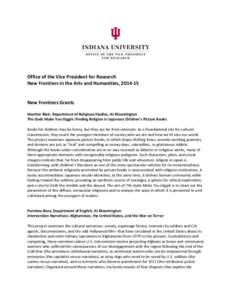    	
   Office	
  of	
  the	
  Vice	
  President	
  for	
  Research	
   New	
  Frontiers	
  in	
  the	
  Arts	
  and	
  Humanities,	
  2014-­‐15	
   	
  