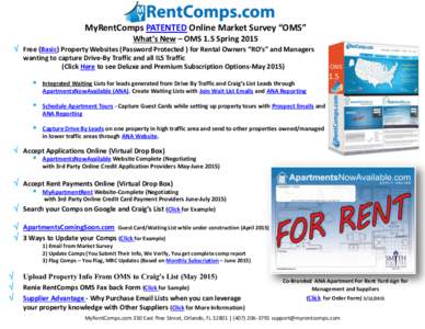 MyRentComps PATENTED Online Market Survey “OMS” What’s New – OMS 1.5 Spring 2015  Free (Basic) Property Websites (Password Protected ) for Rental Owners “RO’s” and Managers wanting to capture Drive-By Tr