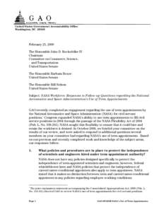 GAO-09-356R NASA Workforce: Responses to Follow-up Questions regarding the National Aeronautics and Space Administration's Use of Term Appointments