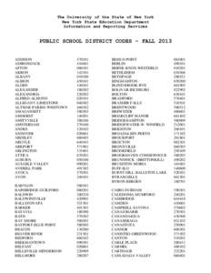 The University of the State of New York New York State Education Department Information and Reporting Services PUBLIC SCHOOL DISTRICT CODES – FALL 2013