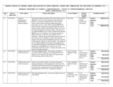 MONTHLY REPORT OF FEDERAL GRANT APPLICATIONS BY STATE AGENCIES, BOARDS AND COMMISSIONS FOR THE MONTH OF FEBRUARY 2011 ARKANSAS DEPARTMENT OF FINANCE & ADMINISTRATION – OFFICE OF INTERGOVERNMENTAL SERVICES STATE CLEARIN