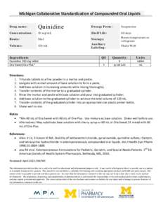 Michigan Collaborative Standardization of Compounded Oral Liquids Drug name: Quinidine  Dosage Form: