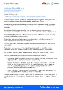 News Release Minister Geoff Brock Minister for Regional Development Minister for Local Government Thursday, 19 February, 2015