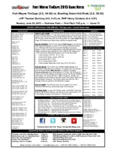 FORT WAYNE TINCAPS 2015 GAME NOTES Fort Wayne TinCaps (2-2, vs. Bowling Green Hot Rods (2-2, LHP Thomas Dorminy (5-5, 4.41) vs. RHP Henry Centeno (4-4, 4.81) Monday, June 29, 2015 — Parkview Field — Fir