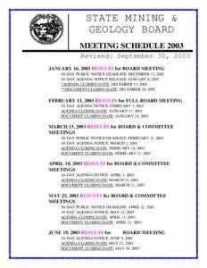 STATE MINING & GEOLOGY BOARD MEETING SCHEDULE 2003 Revised: September 30, 2003 JANUARY 16, 2003 RESULTS for BOARD MEETING 30-DAY PUBLIC NOTICE DEADLINE: DECEMBER 17, 2002