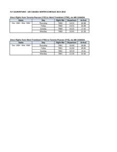 FLY LAURENTIANS - AIR CANADA WINTER SCHEDULE[removed]Direct flights from Toronto-Pearson (YYZ) to Mont-Tremblant (YTM), via AIR CANADA Dates Day Flight Nbr Departure Arrival