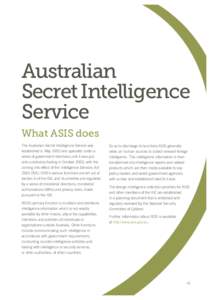 Australian Secret Intelligence Service What ASIS does The Australian Secret Intelligence Service was established in May 1952 and operated under a