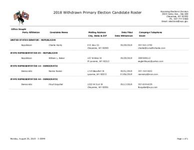 2018 Withdrawn Primary Election Candidate Roster  Wyoming Elections Division 2020 Carey Ave., Ste 600 Cheyenne, WYPh
