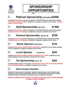 SPONSORSHIP OPPORTUNITIES 2016 Platinum Sponsorship (exclusive) $2000 Includes golf foursome, logo and recognition on HAFA/HFTM Alumni Association website,