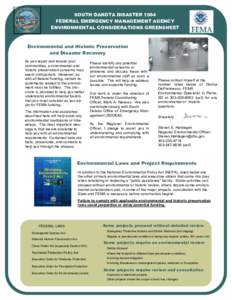 SOUTH DAKOTA DISASTER 1984 FEDERAL EMERGENCY MANAGEMENT AGENCY ENVIRONMENTAL CONSIDERATIONS GREENSHEET Environmental and Historic Preservation and Disaster Recovery