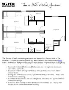 The Beeson Woods student apartments are located on the east side of the Samford University campus (buildings #38a-38m on the campus map here) with a pedestrian bridge connecting to William Self Propst Hall (building #39)