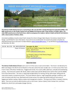 RANGE MANAGEMENT SPECIALIST (two positions) Permanent Outreach Challis-Yankee Fork/ Middle Fork and Leadore/Salmon-Cobalt/ North Fork Districts Salmon-Challis National Forest