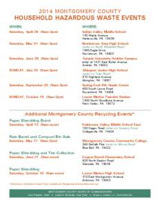 2014 MONTGOMERY COUNTY  HOUSEHOLD HAZARDOUS WASTE EVENTS WHEN:	WHERE: Saturday, April 26 (9am-3pm)