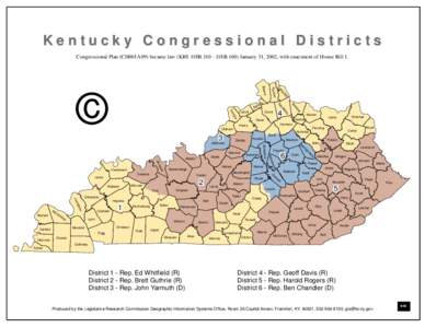 Kentucky Congressional Districts Congressional Plan (CH001A09) became law (KRS 118B[removed]118B.160) January 31, 2002, with enactment of House Bill 1. e pb ll