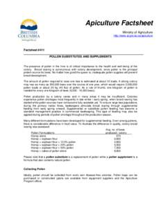 Apiculture Factsheet Ministry of Agriculture http://www.al.gov.bc.ca/apiculture Factsheet #411 POLLEN SUBSTITUTES AND SUPPLEMENTS