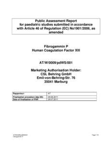 Public Assessment Report for paediatric studies submitted in accordance with Article 46 of Regulation (EC) No1901/2006, as amended  Fibrogammin P