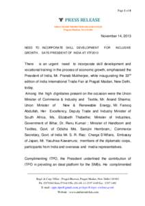 Page 1 of 4  PRESS RELEASE INDIA TRADE PROMOTION OR GANIS ATION Pragati Maidan, New Delhi