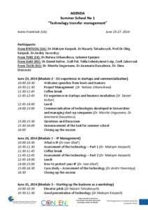 AGENDA Summer School No 1 “Technology transfer management” Ivano-Frankivsk (UA)  June 23-27, 2014