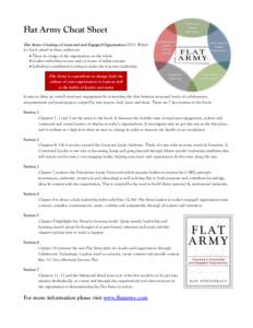 Flat Army Cheat Sheet Flat Army: Creating a Connected and Engaged Organization (2013, Wiley) is s book aimed at three audiences:  Those in charge of the organization on the whole  Leaders with direct teams and/or t