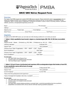 GMAT/GRE Waiver Request Form Overview The Virginia Tech PMBA program will consider GMAT/GRE waiver requests. Please note that the waiver is not guaranteed, and your request will undergo evaluation by the admissions commi