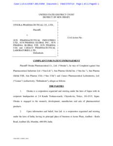 Case 1:14-cv[removed]JBS-KMW Document 1 Filed[removed]Page 1 of 11 PageID: 1  UNITED STATES DISTRICT COURT DISTRICT OF NEW JERSEY OTSUKA PHARMACEUTICAL CO., LTD., Plaintiff,