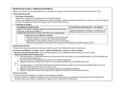 DÉFINITION DE CAS DE LA TUBERCULOSE INFANTILE Déclarer tout nouveau cas de tuberculose active ou de reprise du traitement de la tuberculose chez les patients de moins de 15 ans. Tuberculose démontrée 1. Confirmée en