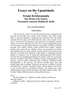 Essays on the Upanishads by Swami Krishnananda, The Divine Life Society, Sivananda Ashram  Essays on the Upanishads by  Swami Krishnananda
