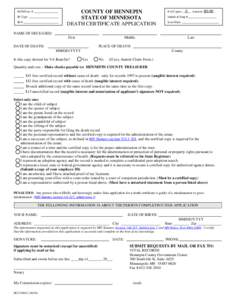 COUNTY OF HENNEPIN – STATE OF MINNESOTA - DEATH CERTIFICATE APPLICATION - HC1238GC)