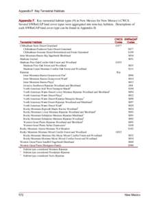 Appendix F Key Terrestrial Habitats  Appendix F. Key terrestrial habitat types (9) in New Mexico for New Mexico’s CWCS. Several SWReGAP land cover types were aggregated into nine key habitats. Descriptions of each SWRe