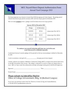 MCC Payroll Direct Deposit Authorization Form Annual Fund Campaign 2015 Full-time employees may donate to Annual Fund 2015 through payroll direct deposit. The pledge period extends from the first pay period in January 20