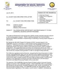 REASON FOR THIS TRANSMITTAL  July 18, 2014 ALL COUNTY WELFARE DIRECTORS LETTER