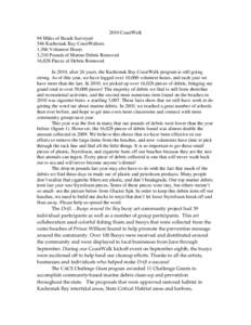 2010 CoastWalk 94 Miles of Beach Surveyed 546 Kachemak Bay CoastWalkers 1,306 Volunteer Hours 3,210 Pounds of Marine Debris Removed 16,028 Pieces of Debris Romoved