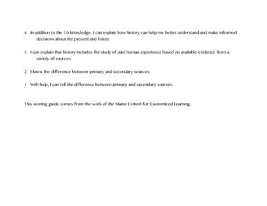 4 In addition to the 3.0 knowledge, I can explain how history can help me better understand and make informed decisions about the present and future. 3 I can explain that history includes the study of past human experien